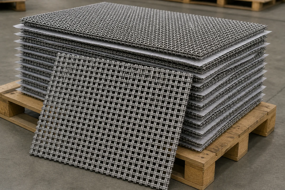 Stacked 304 stainless steel crimped woven wire mesh panels prepared for export packing
