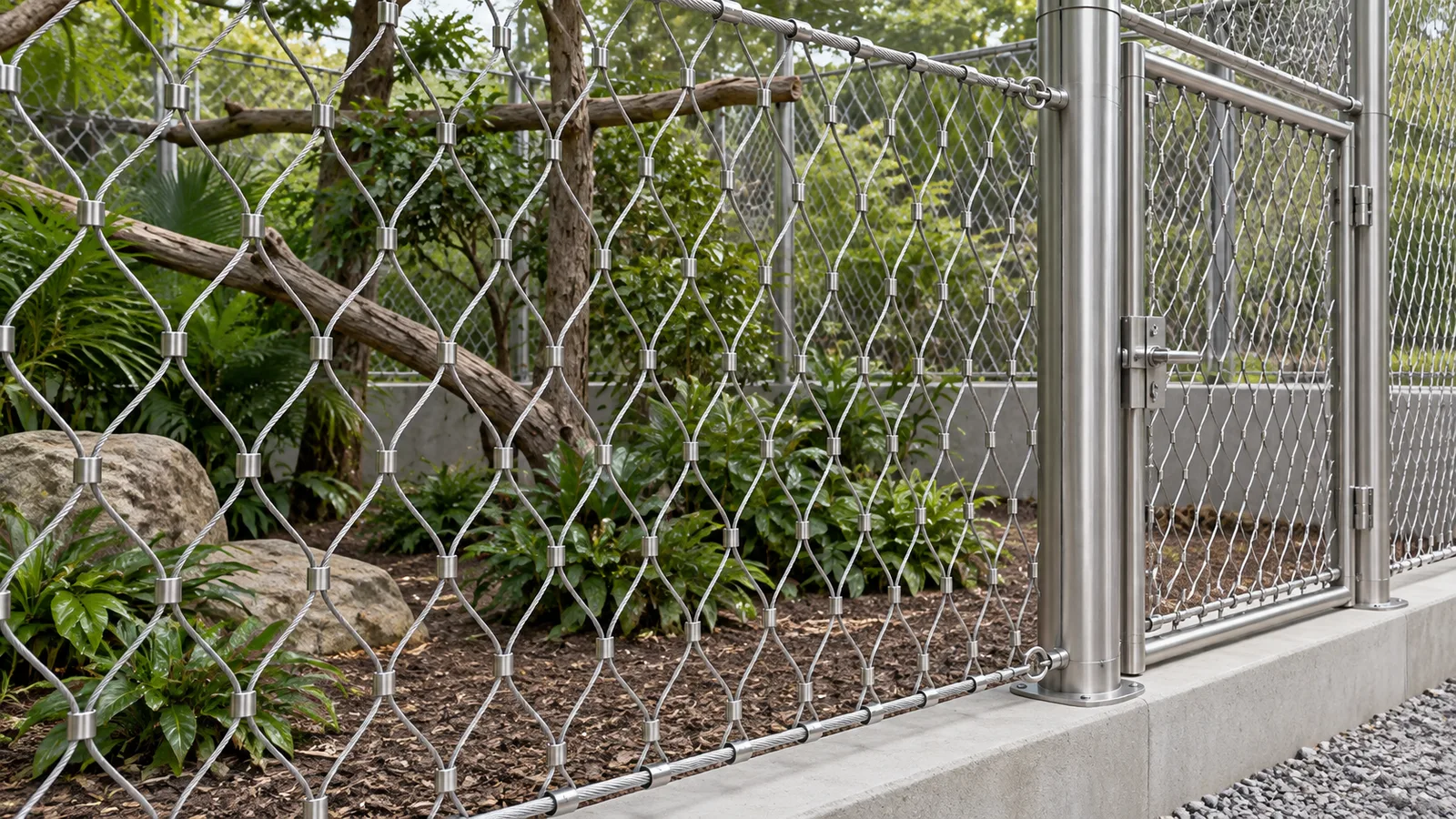 Ferruled stainless steel diamond cable mesh beside a planted aviary service gate