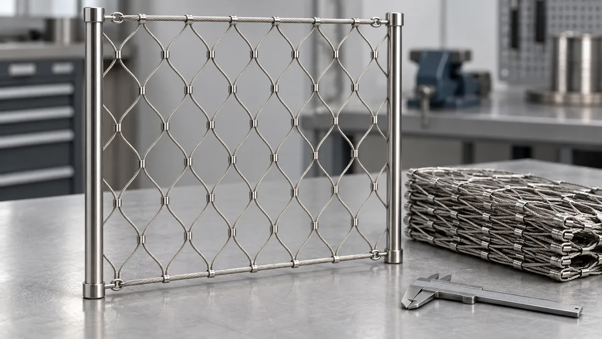 Stainless steel ferruled cable mesh sample and folded net on an inspection bench