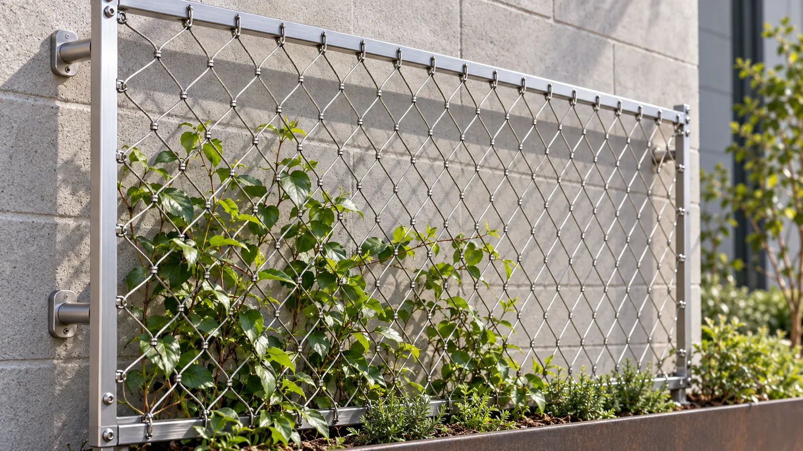 Ferruled stainless steel diamond cable mesh plant trellis with young climbing vines in a courtyard