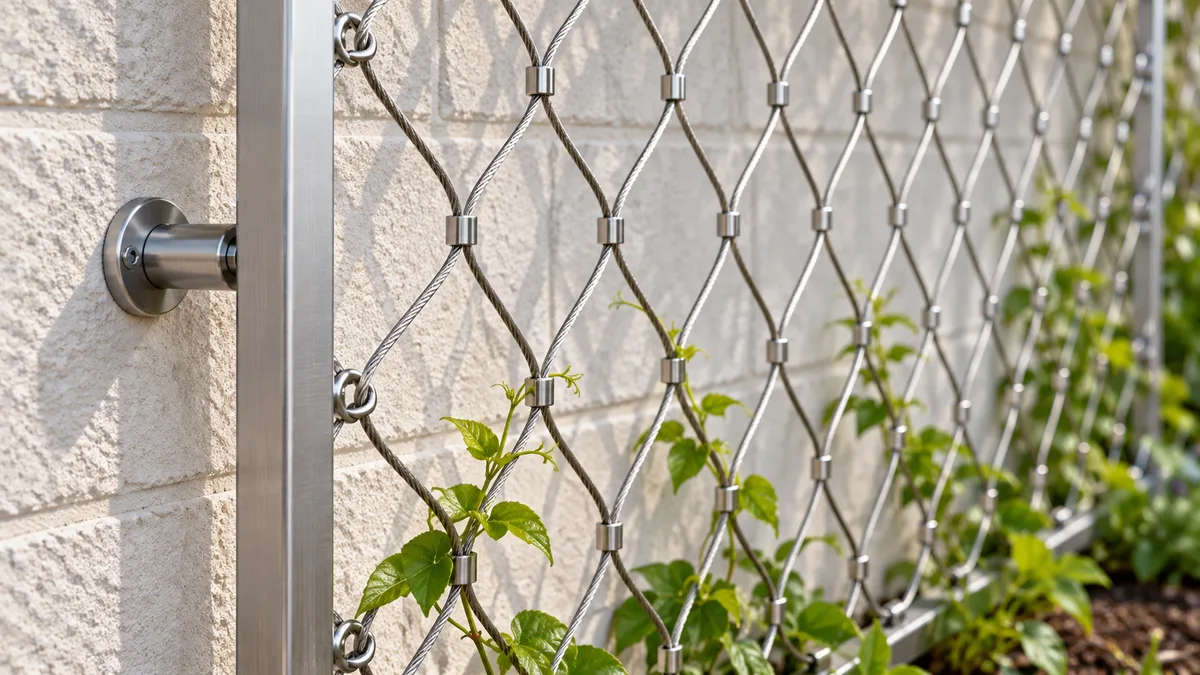Close view of stainless cable mesh ferrules, perimeter loops and a projecting trellis bracket beside a wall