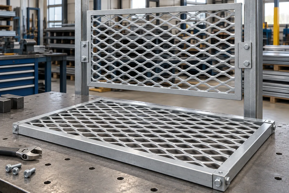 Framed expanded metal screen modules with removable bracket connections in a workshop setting