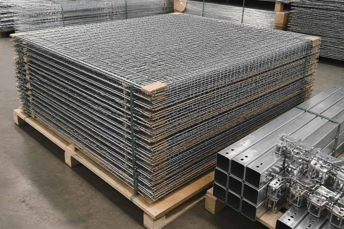 Stacks of galvanized welded wire mesh fence panels with matching galvanized posts and clamp fittings prepared for dispatch