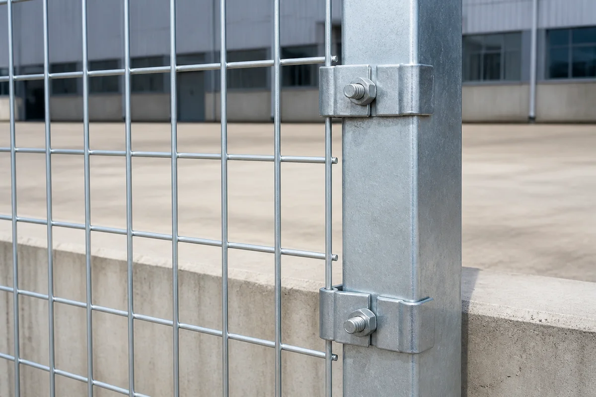 Galvanized welded wire mesh fence panel secured to a square galvanized steel post with clamp brackets