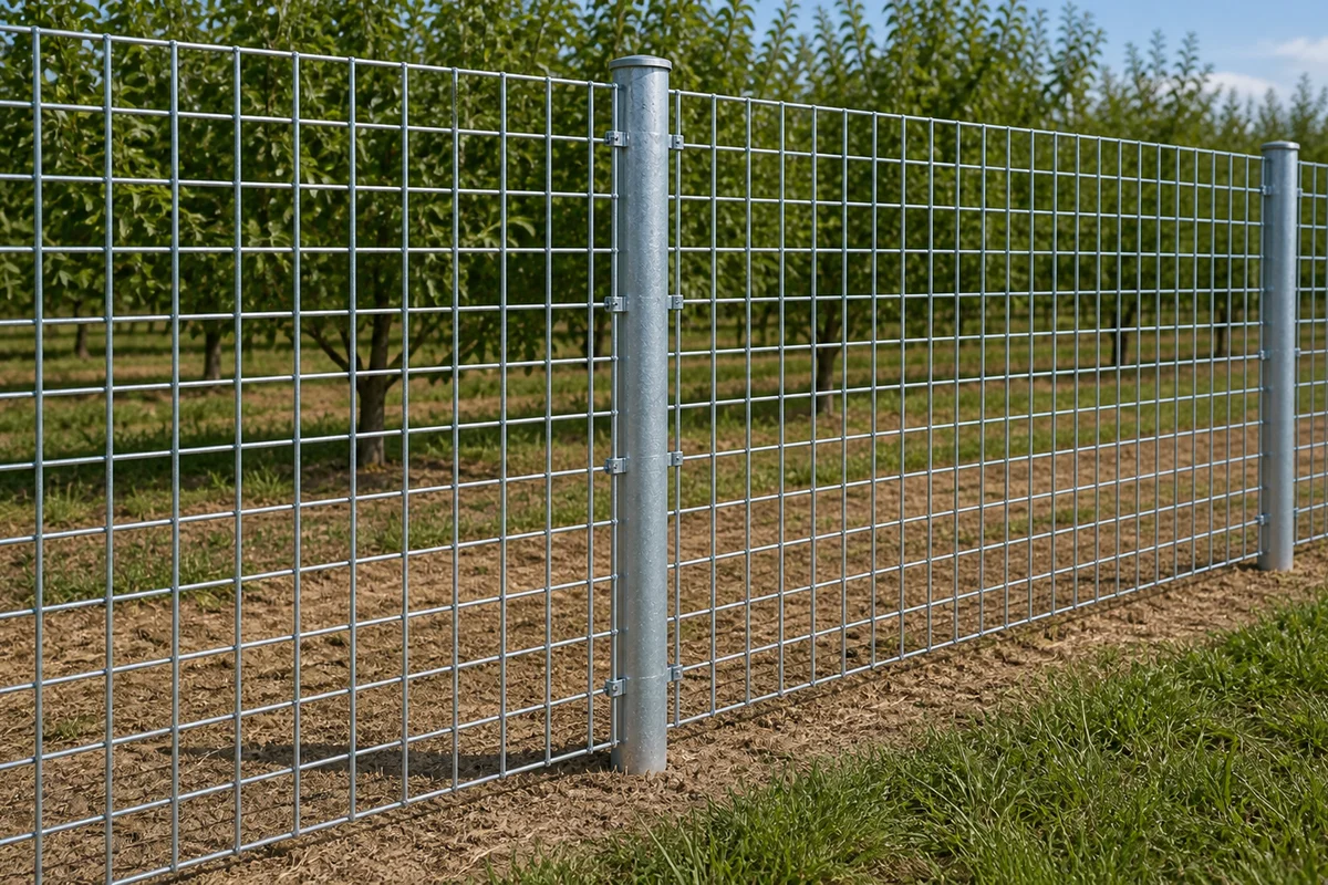 Galvanized welded wire mesh panels secured to steel posts along an orchard enclosure