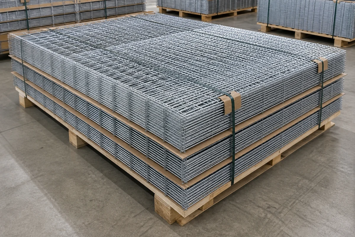 Galvanized welded wire mesh panels stacked on pallets with protective separators for export packing