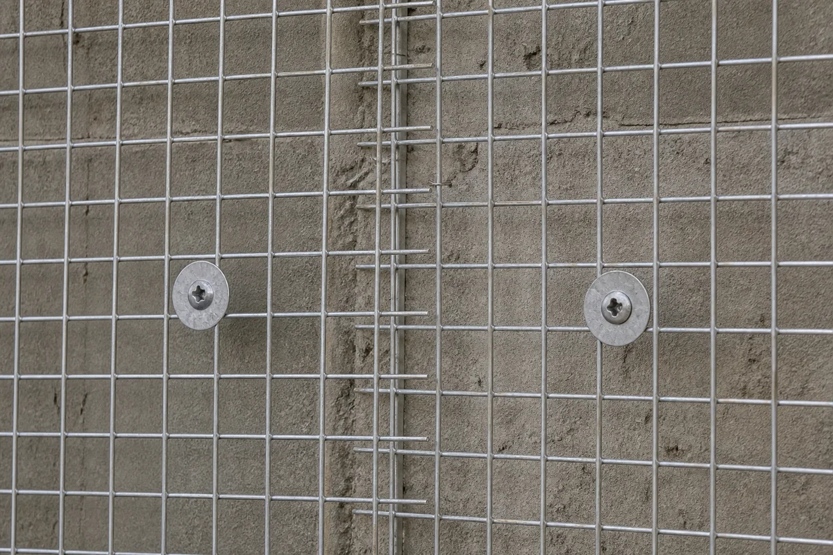 Galvanized square welded wire mesh sheets overlapped and fixed to a masonry wall before plaster work