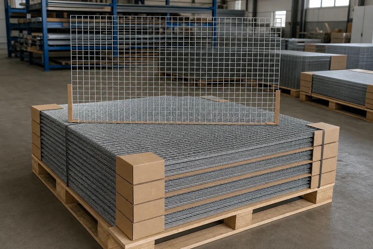 Galvanized welded wire mesh sheets stacked with cardboard separators and corner protection on an export pallet