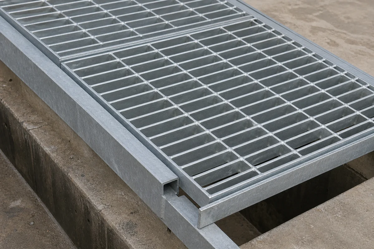 Galvanized steel bar grating panel seated on a steel support frame over a concrete drainage channel