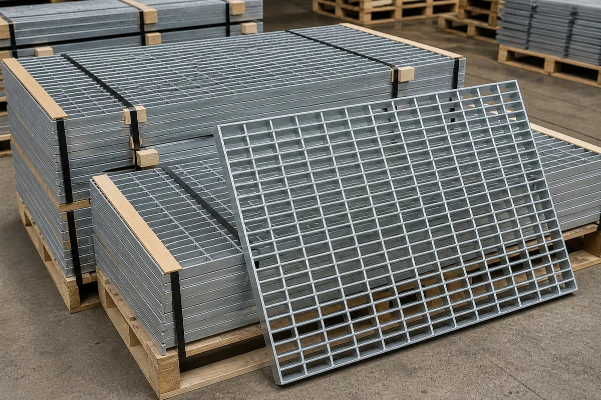 Galvanized steel bar grating trench drain cover panels stacked on pallets with protective separators for dispatch