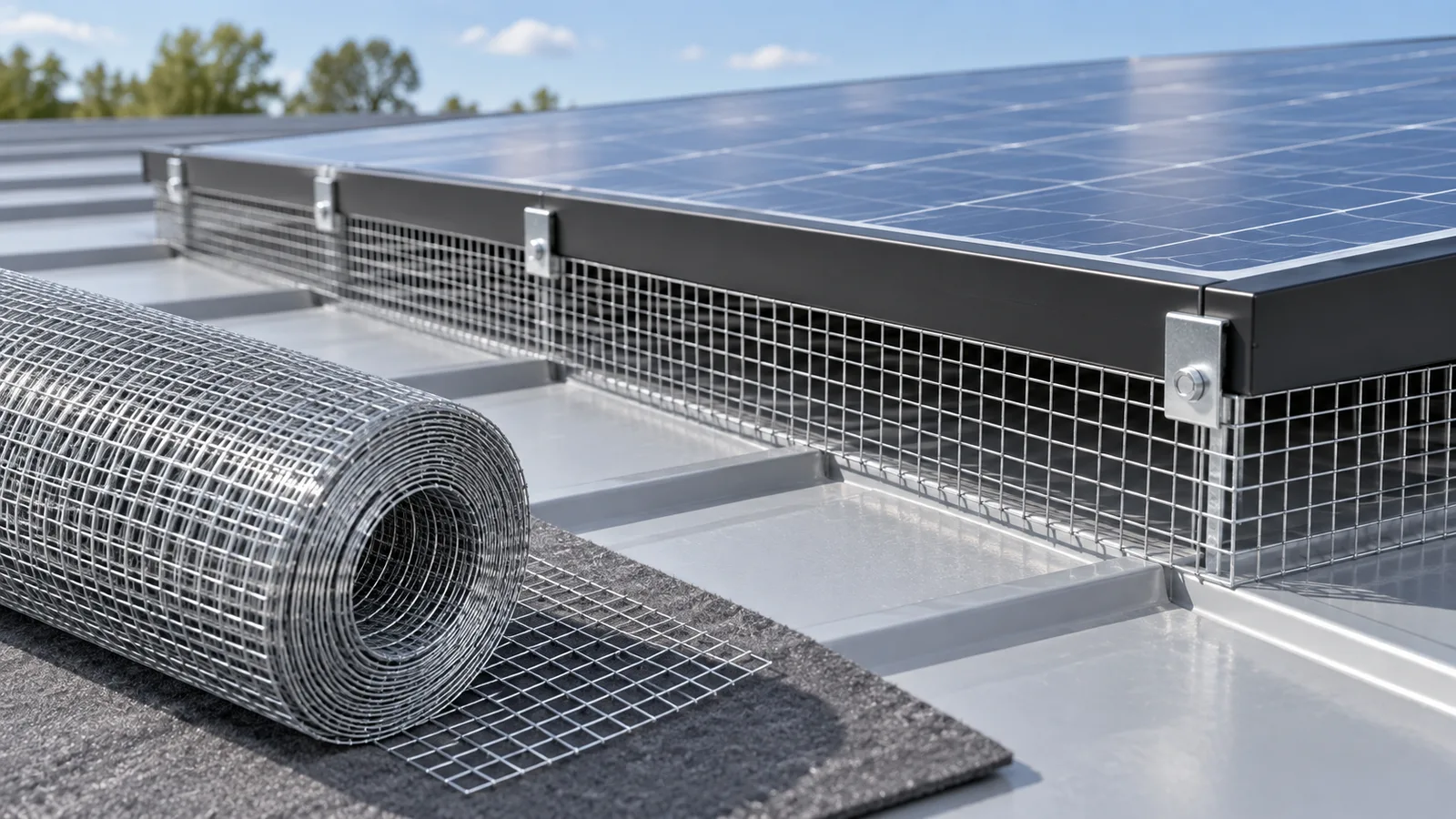 Silver small-square welded mesh skirt at the edge of a rooftop solar array with a matching roll nearby