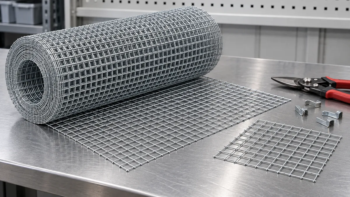 Galvanized welded wire mesh roll and cut sample on an inspection bench showing small square openings