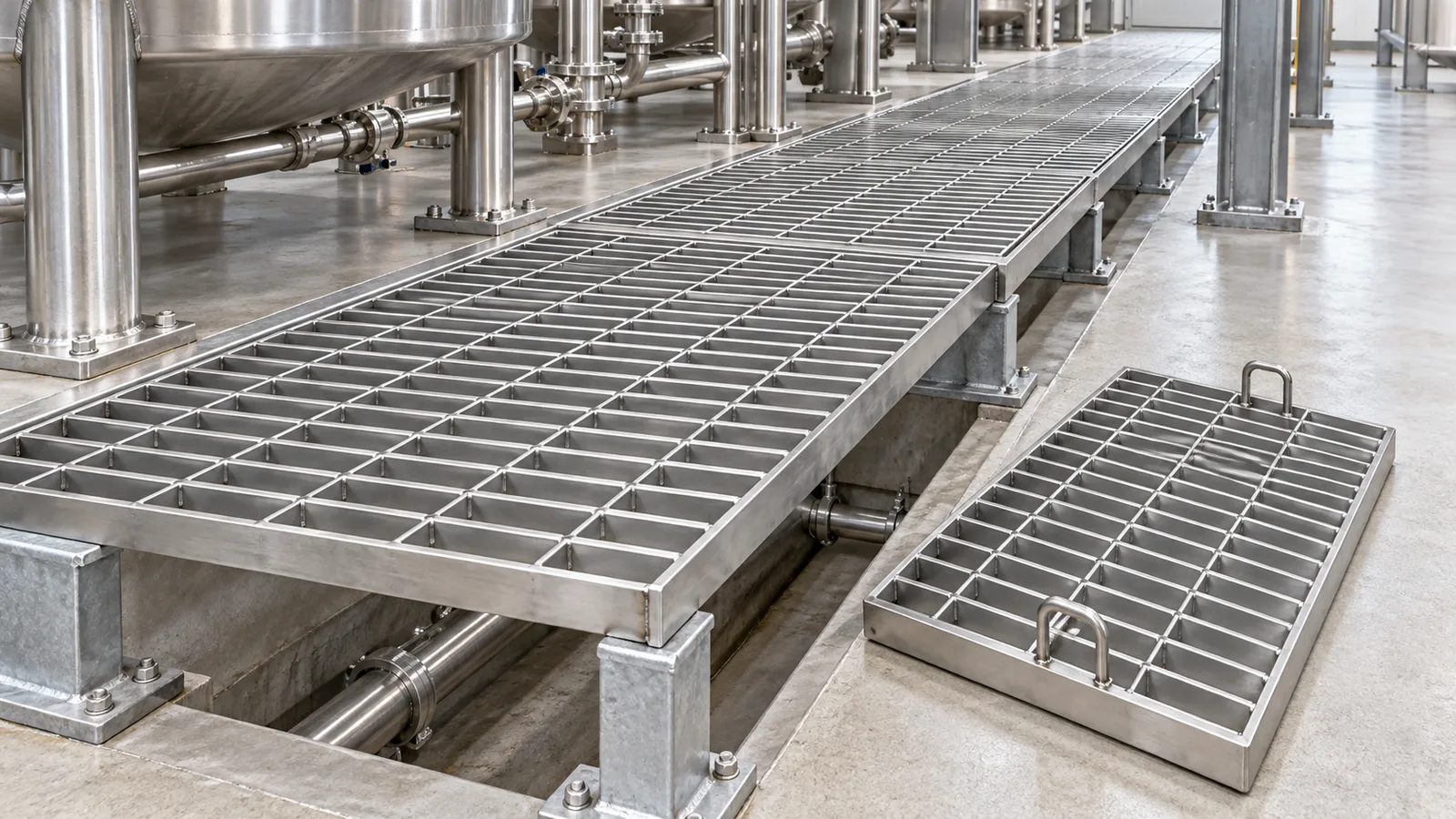 Stainless steel press-welded grating panels over a service channel beside process equipment