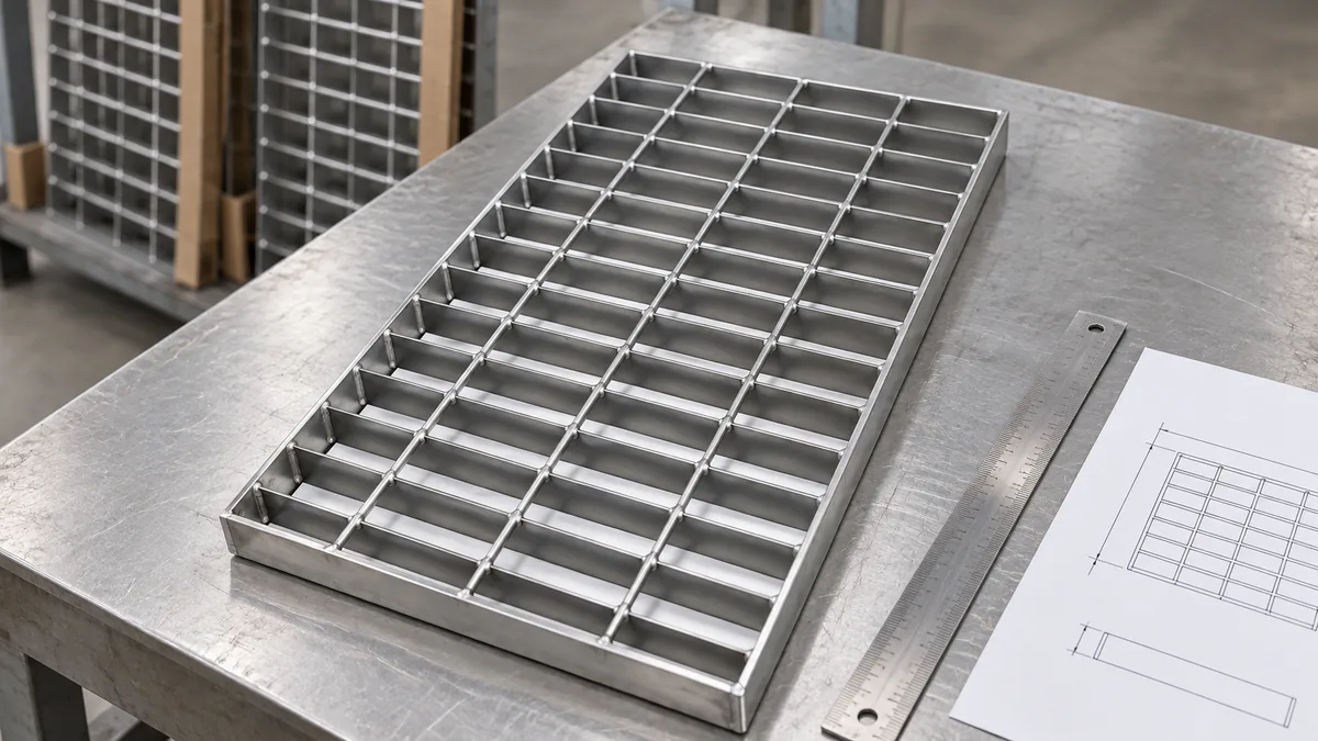 Press-welded stainless steel grating panel on an inspection table showing bearing bars and cross bars