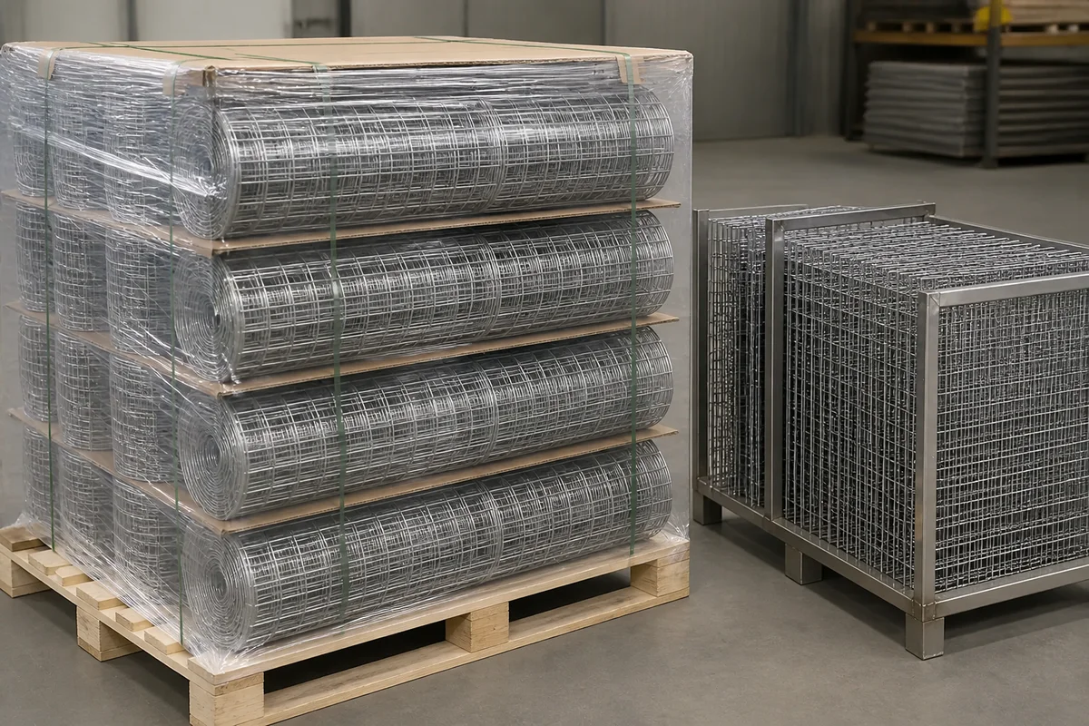 Stainless steel welded wire mesh rolls and framed mesh panels prepared for export packing