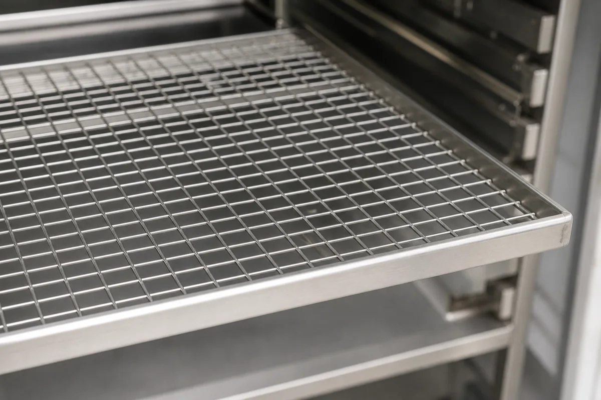 Stainless steel welded wire mesh fitted inside a rectangular tray frame for drying equipment